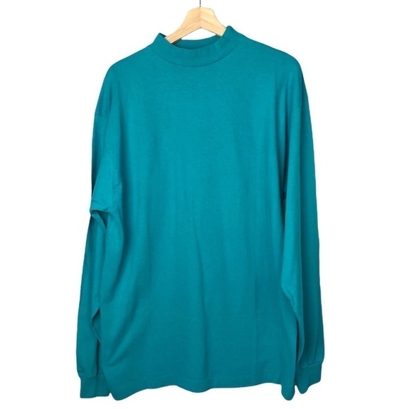 Vintage VTG 90s Fruit Of The Loom Teal Blue Mock Neck Long Sleeve T-Shirt XL - Picture 1 of 4